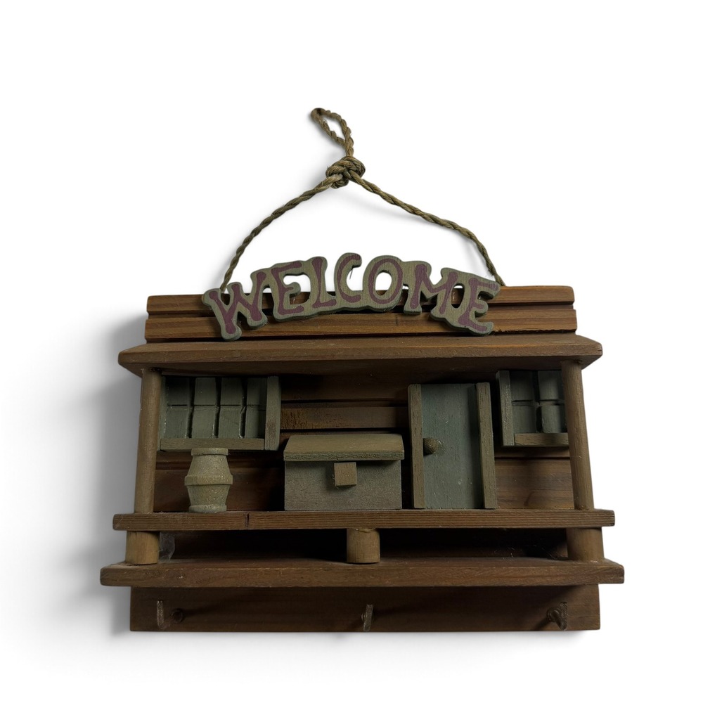 Rustic Wooden Welcome Sign Cabin Porch Key Holder Wall Hanging 3 Hooks 7.5 Inch